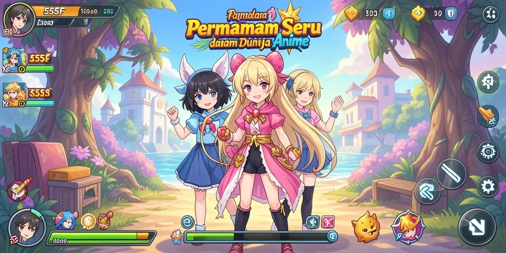Tampilan gameplay 555F yang penuh warna dan karakter anime terkenal.