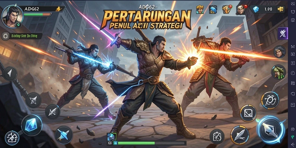 Screenshot utama ADG62 menunjukkan pertarungan mendebarkan dengan karakter-karakter yang beraksi.