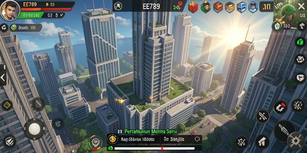 Tangkapan layar gameplay EE789 menunjukkan aksi menara bertahan melawan gelombang musuh.