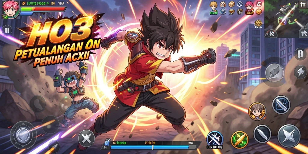 Screenshot HO3 menampilkan aksi pertempuran yang mendebarkan dalam nuansa anime.