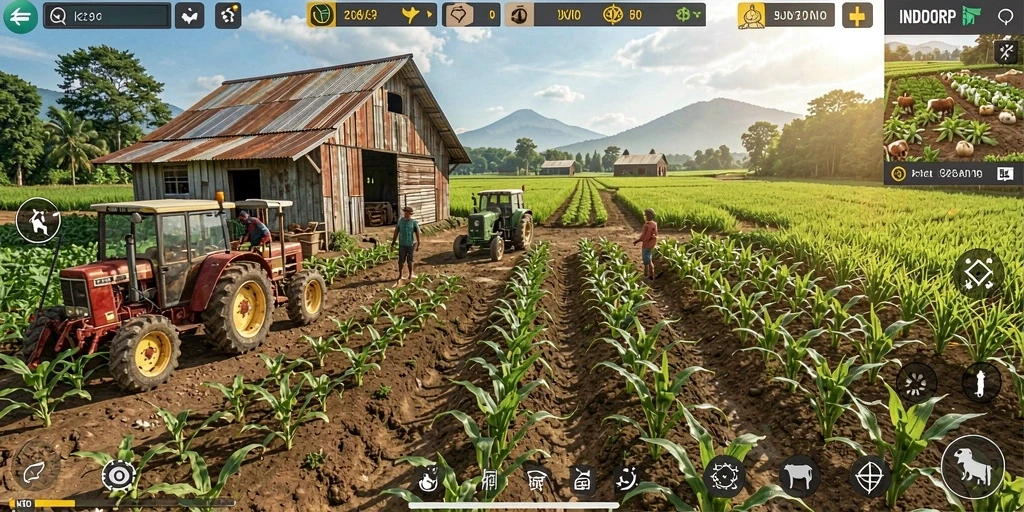Tampilan gameplay INDORP dengan ladang yang subur dan aktif.