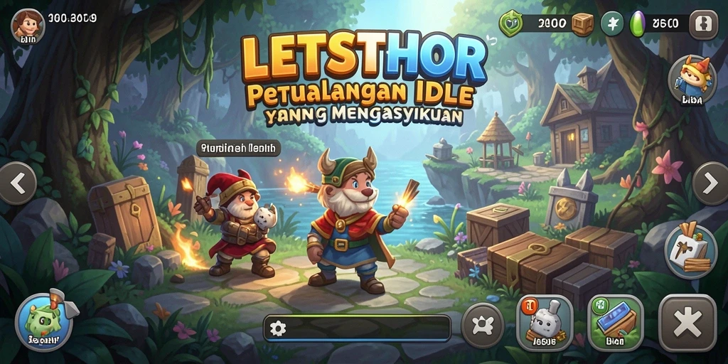 Screenshot gameplay LETSTHOR menampilkan aksi pahlawan dalam mode Idle.
