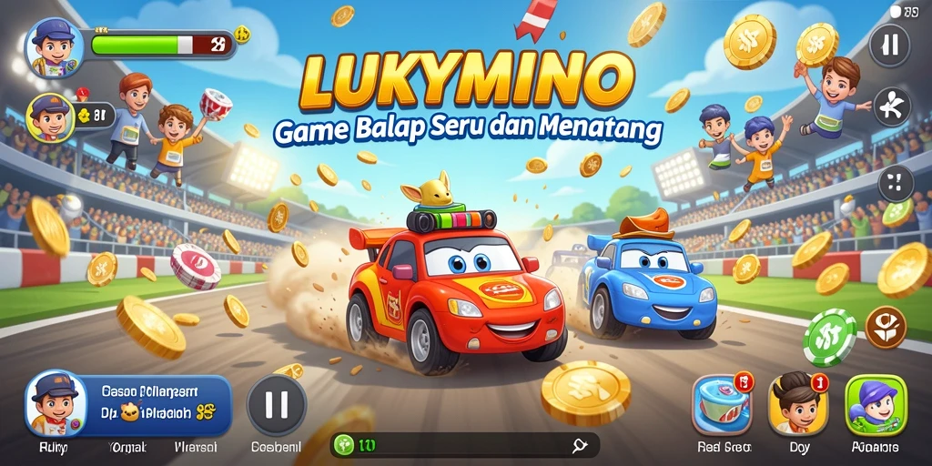 Tampilan gameplay seru dalam balapan LUKYMINO, menampilkan mobil dan trek menarik.