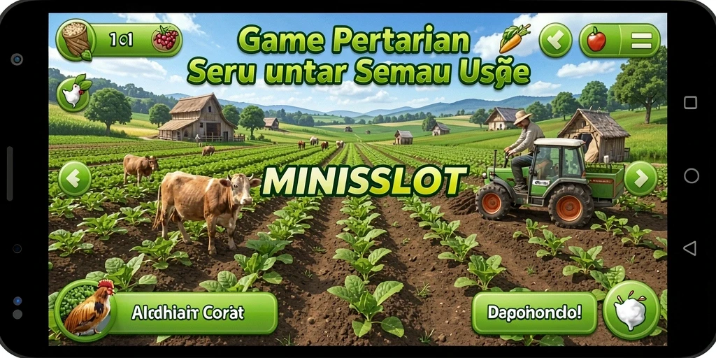 Tampilan gameplay <strong>MINISLOT</strong> yang menampilkan aktivitas pertanian yang seru.