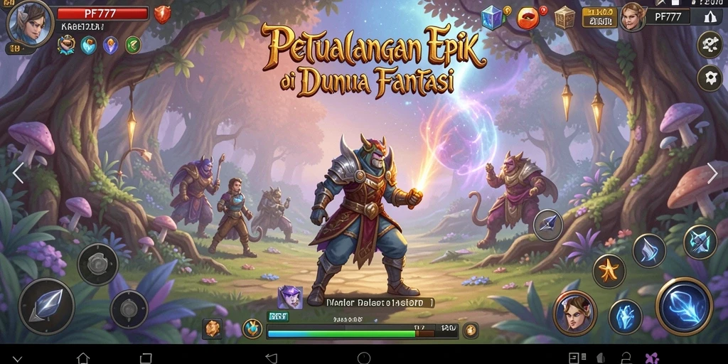 Screenshot utama PF777 menampilkan pertarungan epik di dunia fantasi yang menengangkan.
