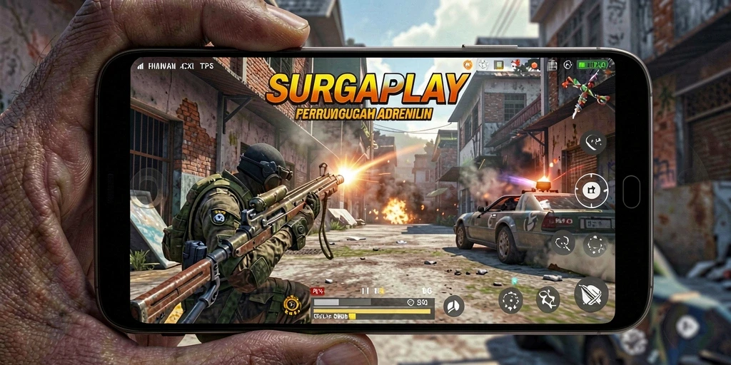 Tangkapan layar utama SURGAPLAY menampilkan pertempuran seru dalam mode TPS.