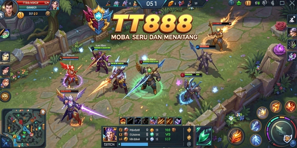 Screenshot TTT888 menampilkan pertarungan intens di arena MOBA.